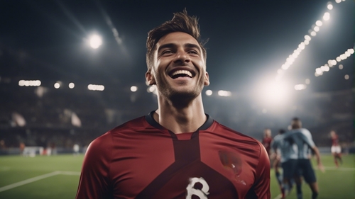 Un calciatore sorridente in maglia rossa