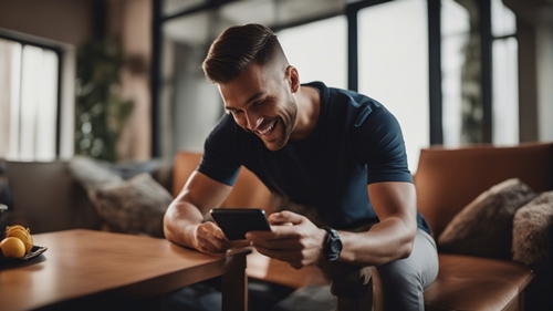 Un uomo seduto sul suo divano che scommette sul suo cellulare